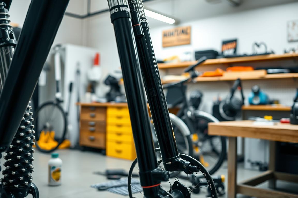 A well-lit, high-quality close-up photograph of an e-bike suspension system in a repair workshop. The foreground features the suspension fork and shock absorbers in detail, showcasing their inner workings and maintenance points. The middle ground includes various tools and equipment used for suspension service, such as a hydraulic oil, a specialized tool, and a torque wrench. The background depicts a clean, organized workshop environment with shelves, workbenches, and other bike components. The lighting creates a professional, technical atmosphere, highlighting the intricate nature of e-bike suspension maintenance.