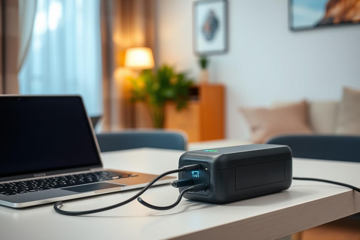 A well-lit modern home interior, a desk with a laptop and an e-bike battery charger neatly placed next to it. The battery is connected to the charger, with a visual indicator showing the charging status. The scene conveys an atmosphere of efficiency and attention to detail, reflecting best practices for e-bike battery charging. The lighting is soft and even, creating a calming and professional ambiance. The camera angle is slightly elevated, offering a clear view of the setup and highlighting the importance of proper charging techniques.