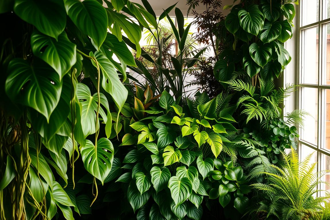 A lush, verdant arrangement of tropical foliage plants thriving in the warm, diffused light of an east-facing window. In the foreground, glossy-leaved Monstera deliciosa and philodendrons cascade gracefully, their long vines and broad fronds filling the frame. In the middle ground, a cluster of vibrant, upright-growing ZZ plants and lush, trailing pothos plants. The background features a mix of ferns and Chinese evergreens, their delicate fronds and leaves creating a layered, jungle-like atmosphere. Soft, natural lighting filters in through the window, accentuating the rich, saturated greens and textures of the plants. The overall scene evokes a sense of tranquility and rejuvenation, perfect for an east-facing window.