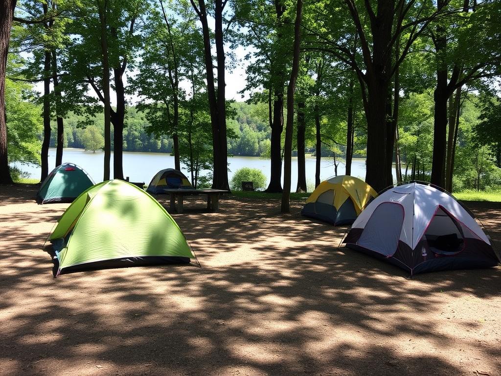 Tent camping area at Killens Pond State Park with pond view