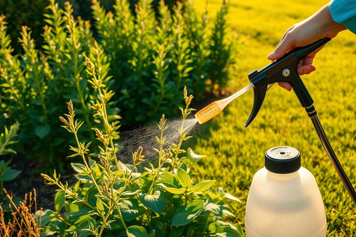 A lush, vibrant garden with a focus on effective weed control strategies. In the foreground, a hand-held sprayer applies a targeted herbicide solution to a cluster of unwanted plants, the liquid glistening as it coats the leaves. In the middle ground, healthy, thriving plants stand tall, their deep green foliage contrasting with the sparse, yellowing weeds being treated. The background features a well-tended lawn, neatly trimmed and free of any intrusive growth. The scene is bathed in warm, golden sunlight, casting long shadows and creating a sense of care and attention to detail. The overall composition conveys a sense of purposeful, methodical weed management, with a clear focus on the targeted application of herbicide as a strategic approach.