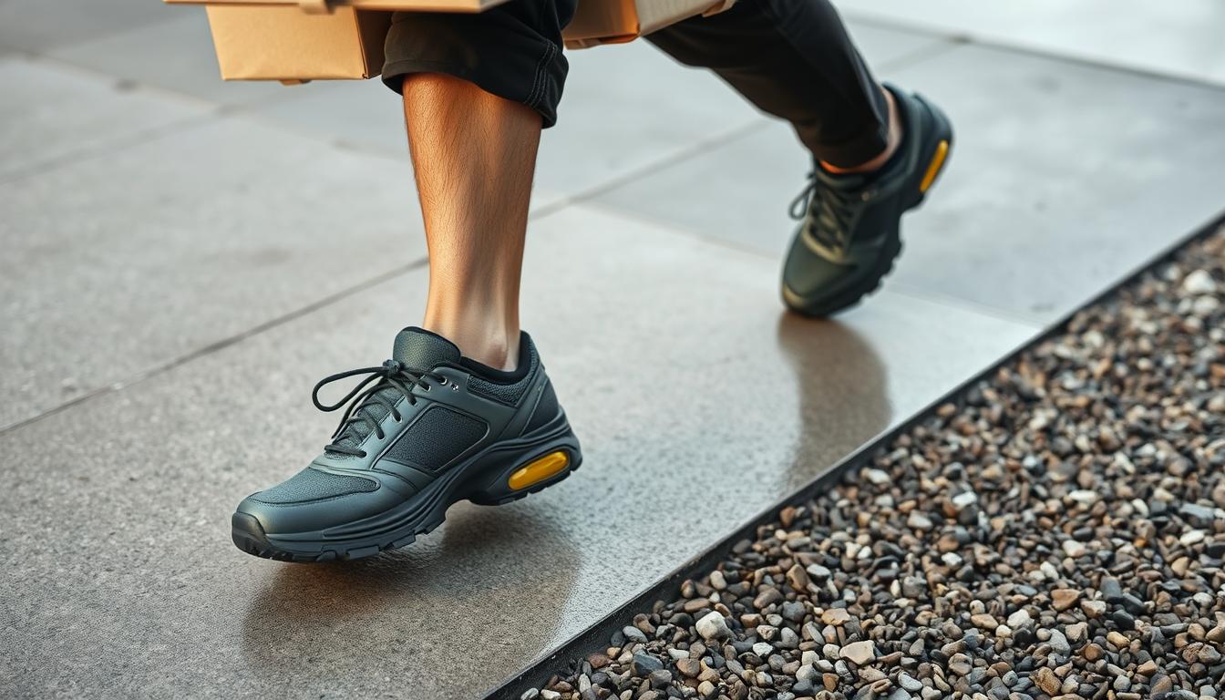 Delivery driver walking on different surfaces showing the importance of proper footwear - Best Delivery Driver Shoes 2025