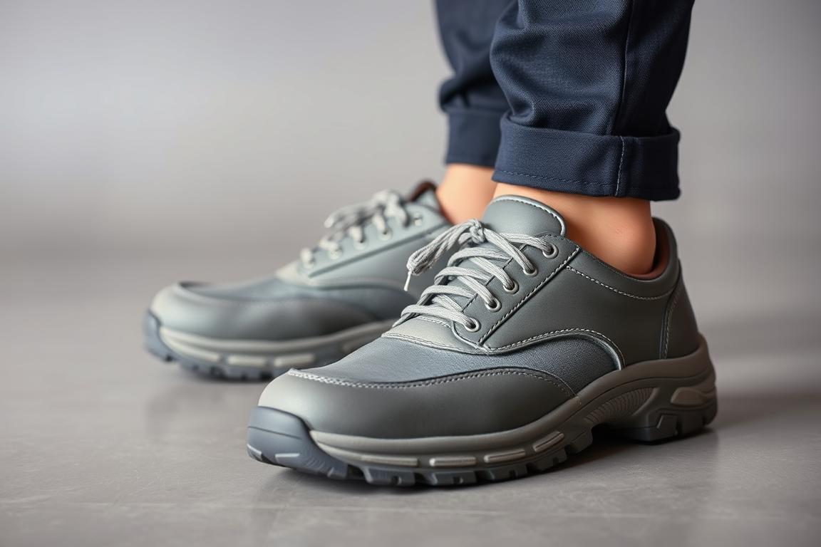 A well-lit, detailed closeup view of a pair of comfortable, durable restaurant worker shoes. The shoes are positioned on a smooth, neutral background, allowing the key features to take center stage. The shoes have thick, slip-resistant soles, padded insoles, and breathable uppers made of high-quality, easy-to-clean materials. The lighting accentuates the texture and construction, showcasing the shoes' functionality and design for long hours on one's feet in a busy restaurant environment. The overall tone is professional, highlighting the importance of proper footwear to ensure worker comfort, safety, and performance.