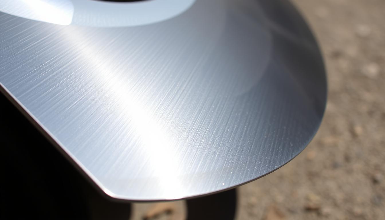 A close-up view of a sharp, high-quality push mower blade, gleaming under natural sunlight. The blade's edge is honed to perfection, with a slight metallic sheen reflecting the light. The blade's surface is free of nicks, rust, or any other imperfections, indicating careful maintenance and craftsmanship. The blade is set against a neutral, slightly blurred background, allowing the viewer to focus solely on the blade's quality and condition. The image conveys a sense of precision, durability, and attention to detail, reflecting the importance of this key component in a well-functioning push mower.