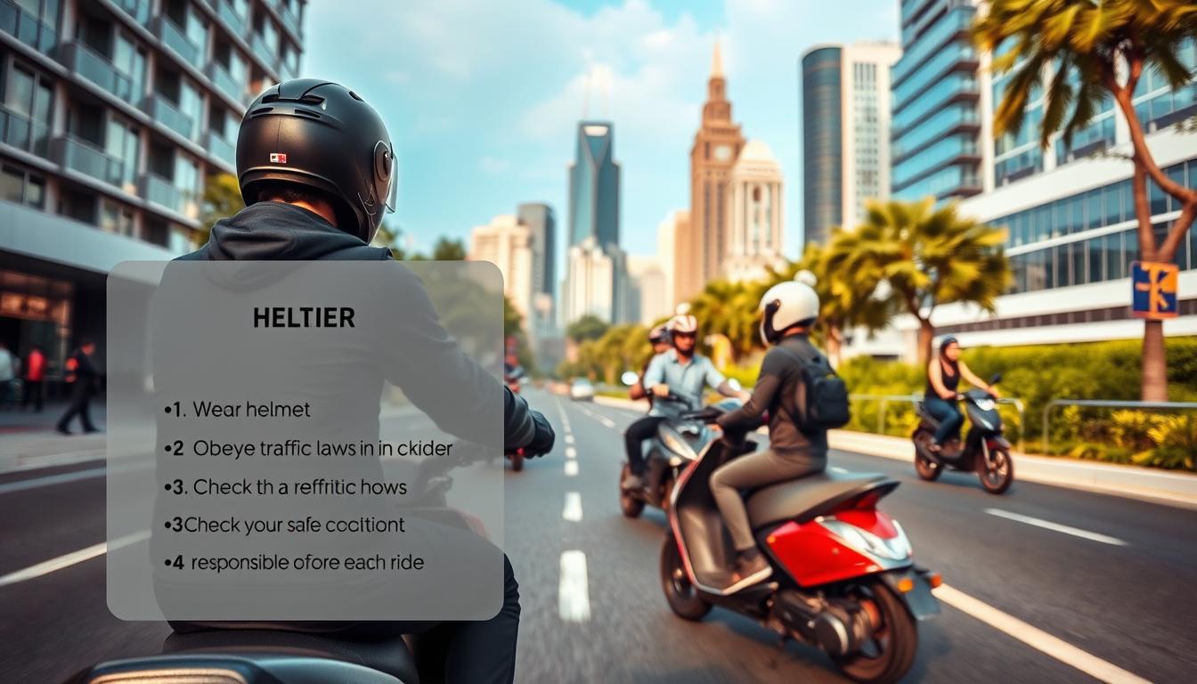 Scooter safety guidelines: a vibrant scene of a rider in full protective gear - helmet, elbow pads, and knee pads - navigating a smooth, well-lit city street. In the foreground, a clear panel displays essential safety tips like wearing a helmet, obeying traffic laws, and checking the scooter's condition before each ride. The middle ground features other responsible riders modeling safe practices. In the background, a dynamic cityscape with modern buildings and lush greenery sets an upbeat, urban tone. Soft, diffused lighting casts a warm, inviting glow over the entire composition, conveying a sense of safety and well-being.