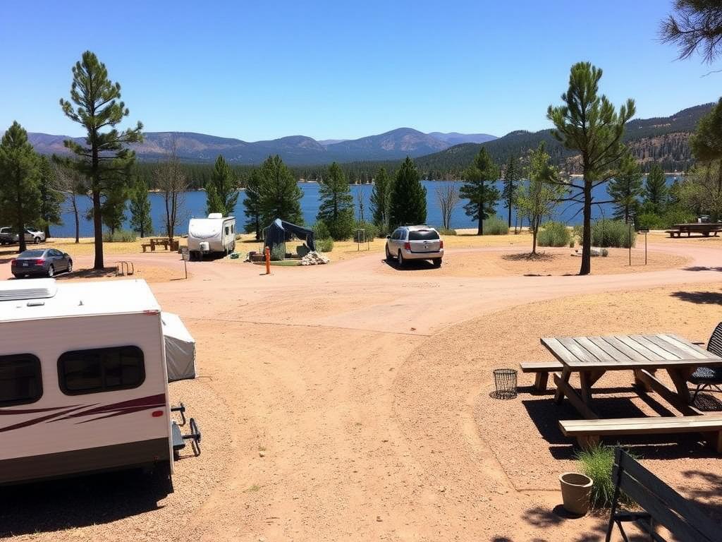 Budget-friendly RV camping at Bear Creek Lake Park with mountain views