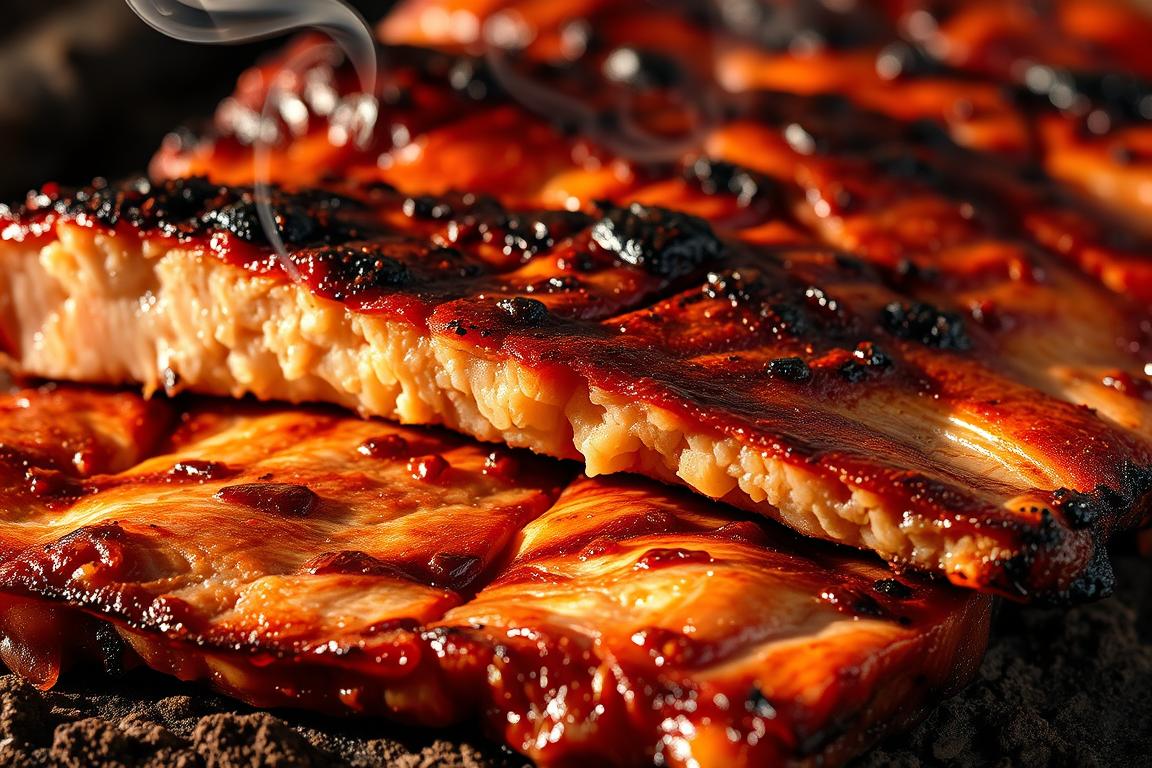 A close-up of succulent charcoal-grilled pork belly, showcasing its crispy, golden-brown edges. The fatty meat glistens under warm, directional lighting, casting dramatic shadows that accentuate the textural contrast. The surface is lightly charred, with delicate wisps of smoke curling up from the edges. The pork is arranged on a rustic, earthy background, hinting at the primal, open-fire cooking method. The overall mood is one of mouthwatering anticipation, inviting the viewer to imagine the irresistible crunch and savory, smoky flavors.