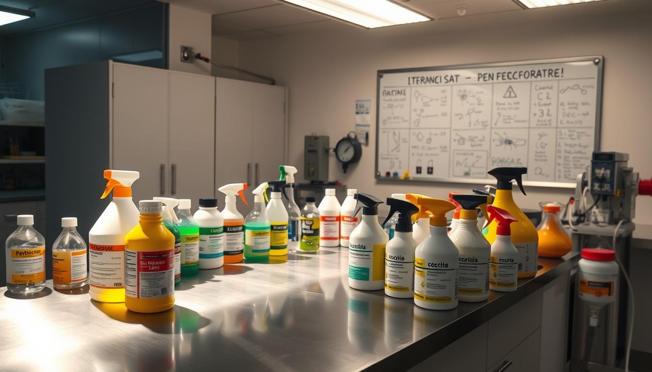 A well-lit laboratory setting with chemical bottles and equipment arranged on a clean, stainless steel countertop. Various pesticides, insecticides, and other pest control products are displayed, their labels clearly visible. Bright task lighting illuminates the scene, casting sharp shadows and highlights. In the background, a wall-mounted whiteboard or chalkboard showcases diagrams, formulas, and notes related to chemical pest control methods. The overall atmosphere conveys a sense of scientific precision and professionalism, reflecting the technical nature of the subject matter.
