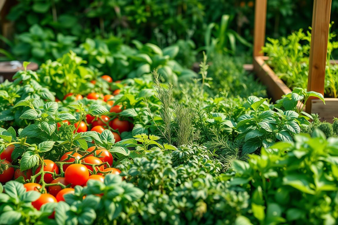 A lush, well-organized raised bed garden under soft, natural lighting. In the foreground, a variety of vibrant, healthy vegetable plants such as tomatoes, leafy greens, and carrots, each thriving in their designated sections. The middle ground showcases a mix of aromatic herbs like basil, rosemary, and thyme, complementing the produce. In the background, a wooden raised bed structure frames the scene, blending seamlessly with the surrounding greenery. The overall composition exudes a sense of tranquility and abundance, inspiring beginner gardeners to cultivate their own thriving raised bed oasis.