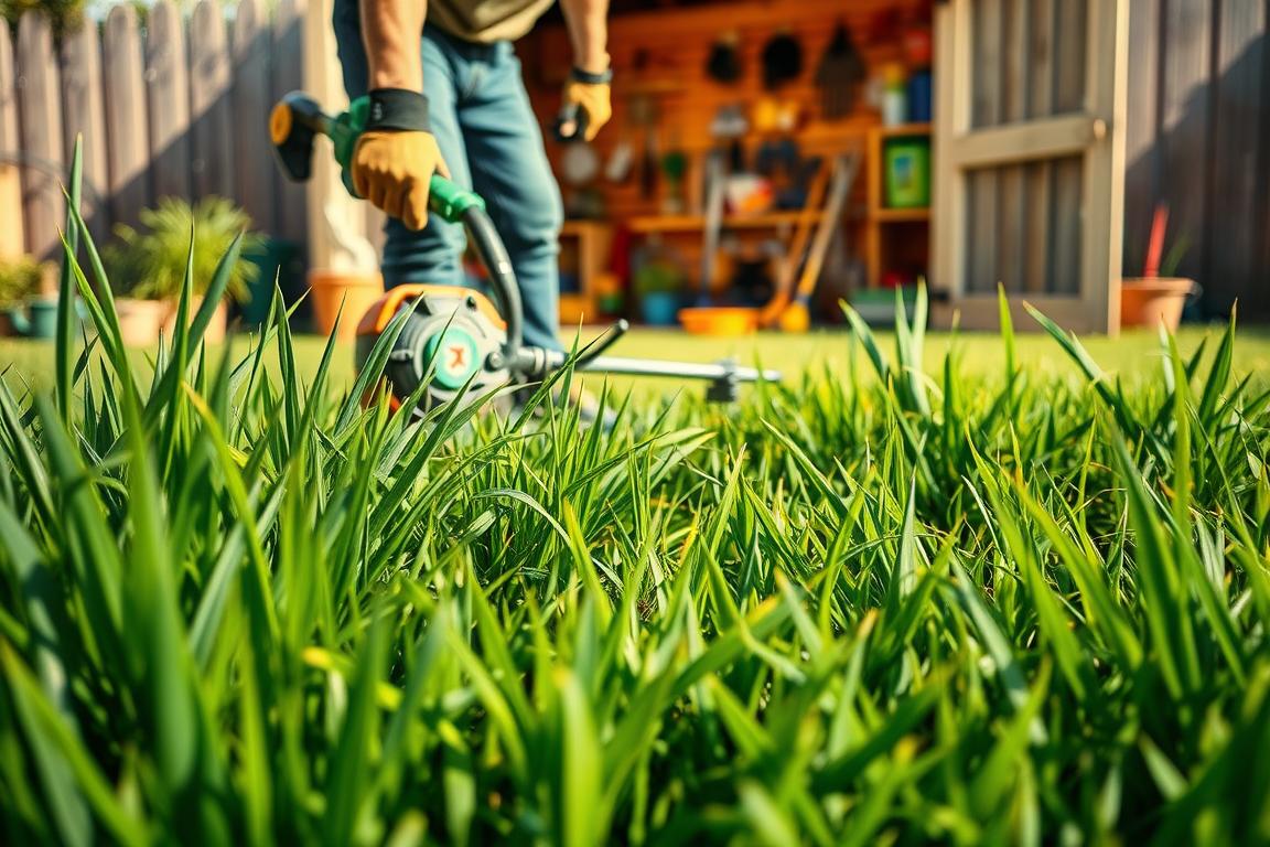 A lush, well-manicured lawn with a variety of vibrant green grasses in the foreground. In the middle ground, a person wearing sturdy gardening gloves and wielding a powerful weed eater, skillfully removing invasive weeds from the edges and crevices. The background showcases a well-organized garden shed, filled with various gardening tools and supplies, suggesting a comprehensive approach to weed management. The scene is bathed in warm, natural sunlight, creating a sense of productivity and accomplishment. The overall composition conveys a methodical, effective strategy for eliminating weeds and maintaining a healthy, attractive yard.