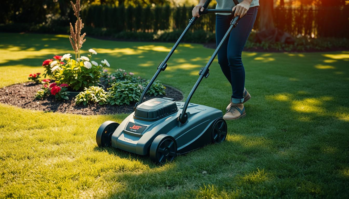 A well-maneuverable push mower navigating a neatly trimmed lawn, its sleek design and ergonomic handles enabling effortless control. Sunlight filters through trees, casting warm shadows across the scene. The mower's compact frame deftly weaves between flowerbeds and obstacles, its front wheels pivoting smoothly to allow tight turns. The operator's posture is relaxed, their grip secure on the handles as they guide the mower with precision. The lawn's lush, verdant carpet provides a natural, serene backdrop, emphasizing the mower's agility and the operator's ease of use.