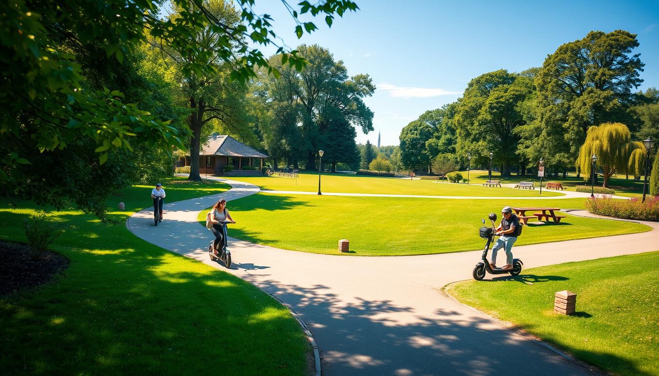 A vibrant outdoor scene showcasing top scooter riding destinations. In the foreground, a winding path winds through lush greenery, with riders on electric scooters gliding effortlessly. The middle ground features an open, well-maintained park, dotted with benches and picnic areas, inviting visitors to rest and enjoy the scenery. In the background, towering trees and a clear blue sky create a serene and peaceful atmosphere. The lighting is warm and natural, casting a soft glow over the entire landscape. The camera angle is slightly elevated, providing a panoramic view that captures the beauty and versatility of these ideal scooter riding destinations.