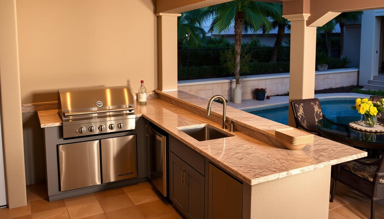 Luxury resort-style outdoor kitchen adjacent to dining area with high-end appliances and counter space