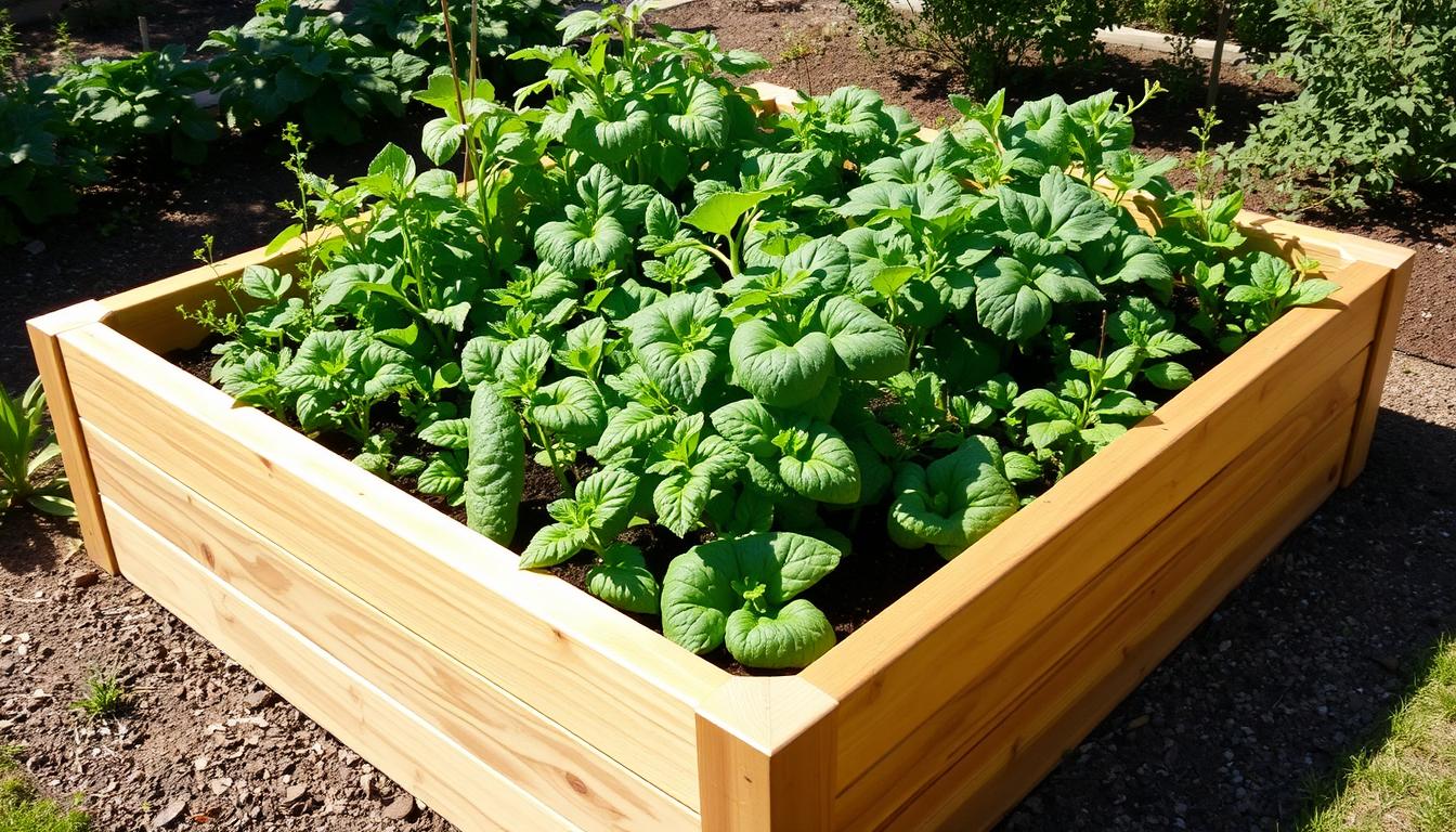 Raised garden bed with thriving vegetables showing the benefits of this gardening method