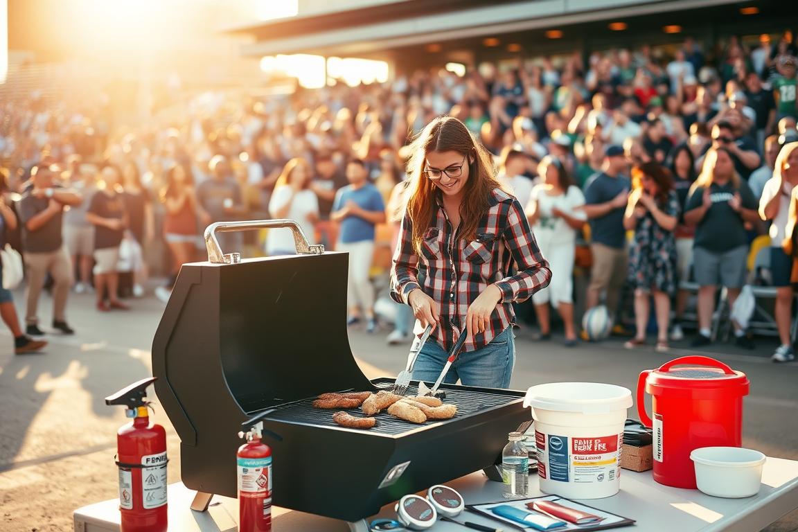 A well-lit outdoor scene featuring a group of people safely grilling at a tailgating event. In the foreground, two individuals in casual attire stand in front of a charcoal grill, carefully tending to the food and utilizing tongs and spatulas. The middle ground showcases a table with various grilling accessories, including a fire extinguisher, a first-aid kit, and a water bucket. In the background, a crowd of spectators cheers on their favorite team, creating an energetic and lively atmosphere. The lighting is warm and natural, with the sun casting a golden glow over the scene. The overall mood is one of safety, camaraderie, and enjoyment, emphasizing the importance of responsible tailgating practices while grilling at the stadium.