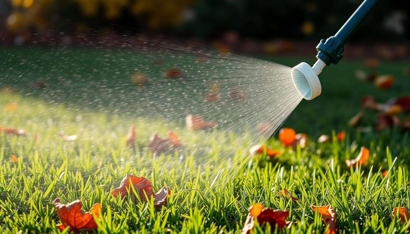 Close-up of spray application of liquid fall fertilizer