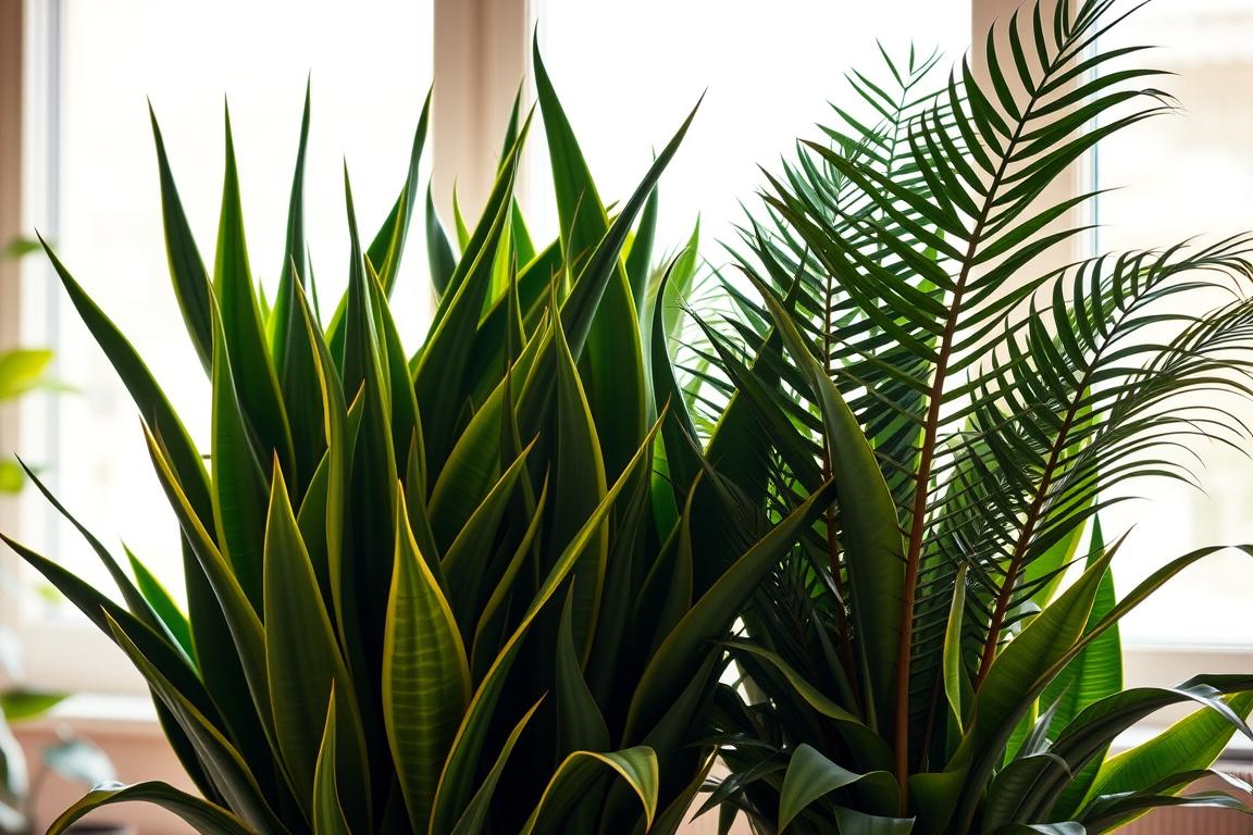 A lush, vibrant arrangement of snake plants and ZZ plants, their thick, glossy leaves standing tall in a natural, well-lit setting. The snake plants, with their distinctive pointed leaves in shades of green, create a striking contrast against the deep, rich green of the ZZ plants' broad, architectural fronds. The plants are positioned in the foreground, with a soft, out-of-focus background that suggests a tranquil, indoor space, perhaps a cozy corner by a large window. The lighting is warm and diffused, casting a gentle glow on the foliage and highlighting the plants' intricate textures. The overall mood is one of resilience, vitality, and low-maintenance elegance - a true testament to the hardy nature of these two thriving, virtually indestructible houseplant options.