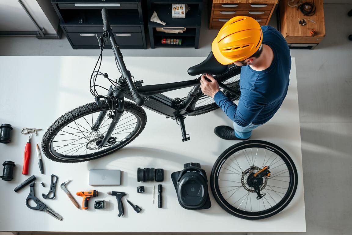 A well-lit, high-angle view of an e-bike undergoing a comprehensive safety check, with the rider carefully inspecting the brakes, tires, and other key components. The bike is positioned on a clean, uncluttered workbench, surrounded by a selection of essential tools and accessories. The rider, wearing a safety helmet, is shown in a focused, thoughtful pose, conveying the importance of thorough pre-ride preparation. The overall scene projects a sense of professionalism, attention to detail, and a commitment to responsible e-bike ownership and operation.