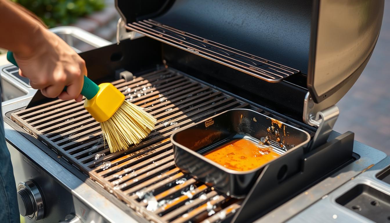 Person cleaning a Weber grill with proper tools - Top 5 Weber Grills in 2025