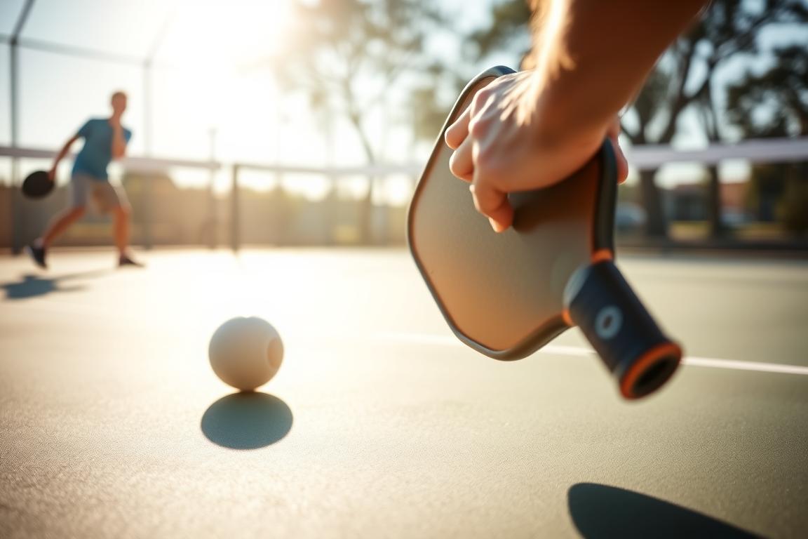 Pickleball court in bright sunlight, players in action demonstrating the double bounce rule. Close-up view of a player's hands hitting the ball as it bounces on the court for the first time, with the opponent's paddle poised to return it. Crisp, high-resolution details reveal the texture of the paddle and the ball's dimpled surface. Soft, natural lighting emphasizes the dynamic motion and the intense focus of the players. A sense of energy and competitiveness pervades the scene, capturing the essence of this pivotal rule in the fast-paced sport of pickleball.