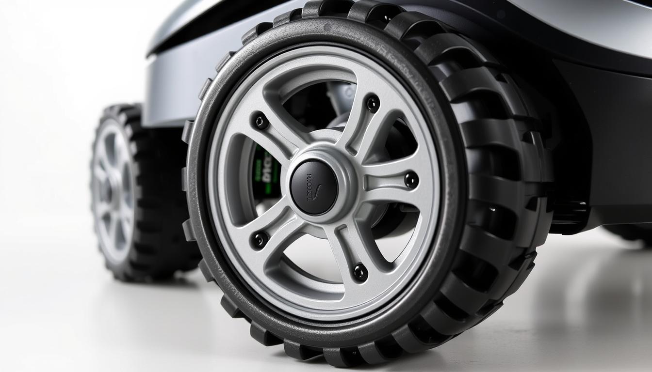Mammotion Luba Mini AWD showing its omni-directional wheels and compact design - top 5 robotic lawn mowers in 2025
