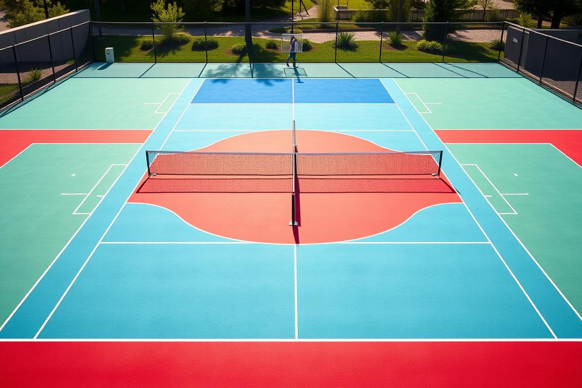 A bright, detailed illustration of a professional pickleball court, showcasing its exact dimensions and layout. The court is rendered in a realistic, high-resolution style, with clean lines, precise measurements, and a well-defined net in the center. The background features a well-maintained outdoor sports facility, with a smooth, textured surface and subtle environment cues. Vibrant natural lighting illuminates the scene, creating depth and clarity. The overall composition conveys a sense of authority and technical precision, ideal for an informative article on pickleball court dimensions.