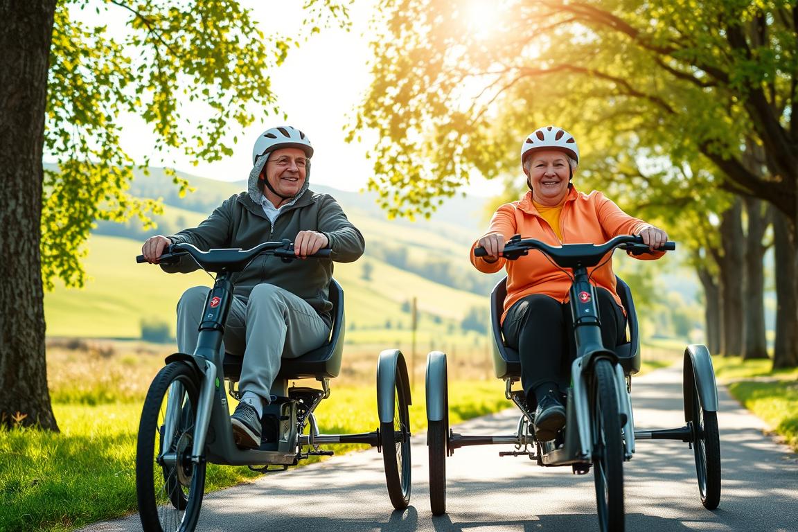 A serene outdoor scene with an elderly couple riding side-by-side on sleek, modern electric trikes. The trikes have sturdy aluminum frames, smooth-running motors, and adjustable seats for comfort. The couple wear bright, stylish helmets and exercise clothing, their faces filled with joy as they navigate a tree-lined path, the sun filtering through the leaves and casting a warm, natural glow. In the background, a lush, verdant landscape with rolling hills and a clear blue sky creates a sense of tranquility and well-being. The entire composition conveys the health, freedom, and active lifestyle enabled by these specialized electric vehicles designed for senior citizens.