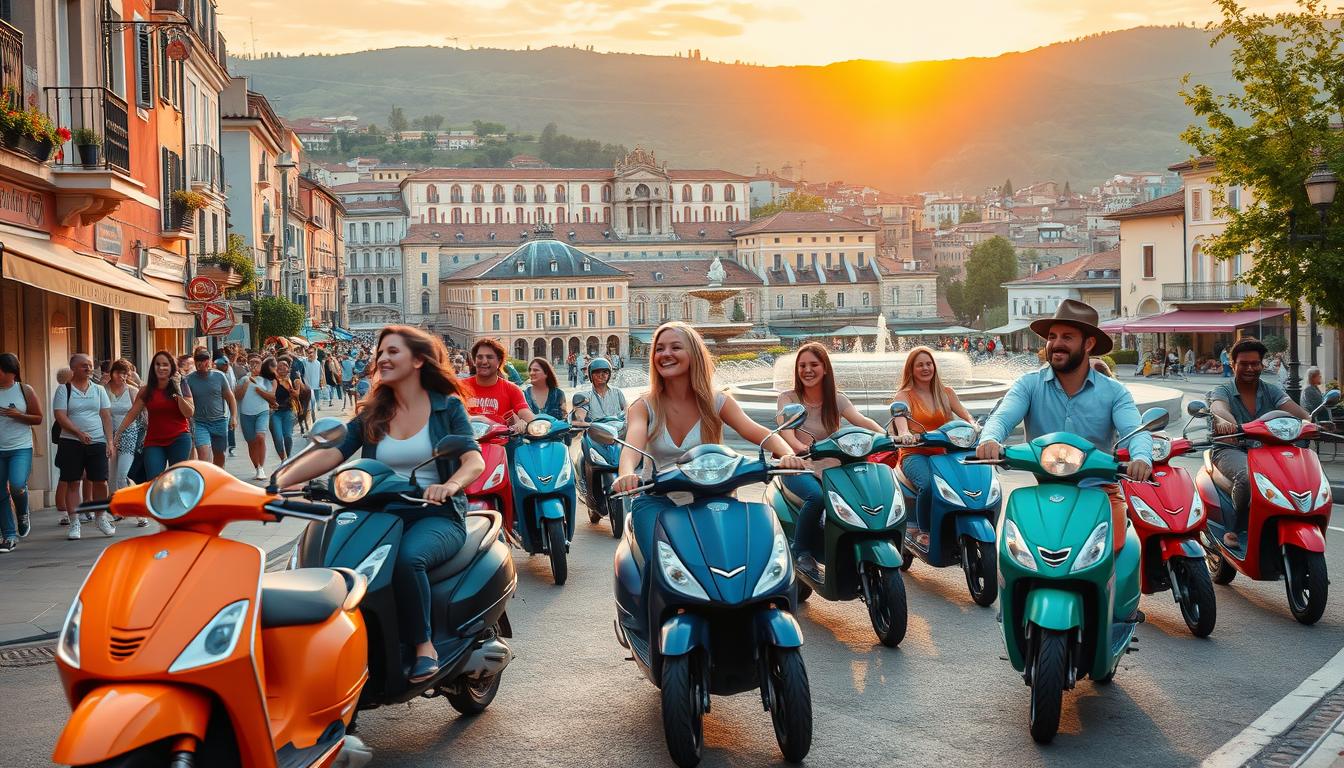 A bustling city street lined with vibrant cafes, lively pedestrians, and a diverse array of scooters zipping through the traffic. In the foreground, a group of friends on sleek, colorful scooters navigating the winding roads with effortless grace, their laughter and smiles capturing the pure joy of the moment. The middle ground features a picturesque town square, with historical buildings and a charming fountain, creating a picturesque backdrop for the scooter riders. The background showcases a rolling hillside, dotted with lush greenery and a stunning sunset, bathing the scene in a warm, golden glow. The overall atmosphere is one of adventure, exploration, and the thrill of the open road, perfectly capturing the essence of &quot;Discover the Best Places to Enjoy Your Scooter While Staying Safe and Having Fun&quot;.