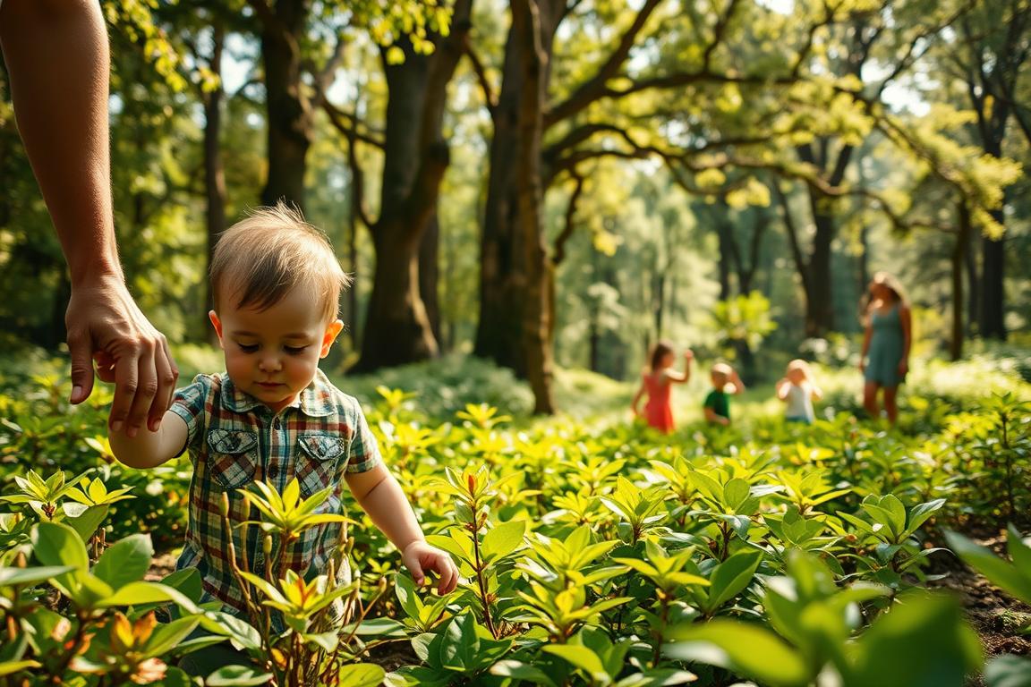 A verdant forest glade, sunlight filtering through the lush canopy. In the foreground, a young child explores the undergrowth, their guardian's hand gently guiding them away from vibrant, potentially toxic foliage. The guardian's expression is one of calm vigilance, their body language protective yet inviting. In the middle ground, other families enjoy the outdoors, children playing safely under the watchful eyes of attentive parents. The background features towering trees, their branches swaying gently in a soft breeze, creating a serene, nurturing atmosphere. The scene is captured with a shallow depth of field, drawing the viewer's focus to the central interaction, the warm hues and soft lighting conveying a sense of safety and care.