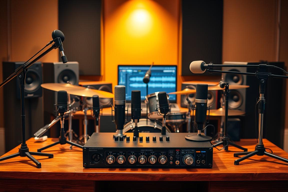 A sleek and organized multitrack audio setup sits atop a sturdy wooden desk, bathed in warm, focused lighting. In the foreground, a professional-grade audio interface with multiple XLR inputs and knobs for precise control. Arrayed around it, a collection of high-end microphones - dynamic, condenser, and ribbon - each positioned to capture the distinct tones of a complete drum kit. In the middle ground, a laptop screen displays a digital audio workstation, the waveforms of a recording session visible. Behind, a row of audio monitors, their speaker cones angled to create an immersive soundstage. The overall scene exudes a sense of precision, attention to detail, and the promise of a professional-quality drum recording, all within the comfort of a home studio environment.