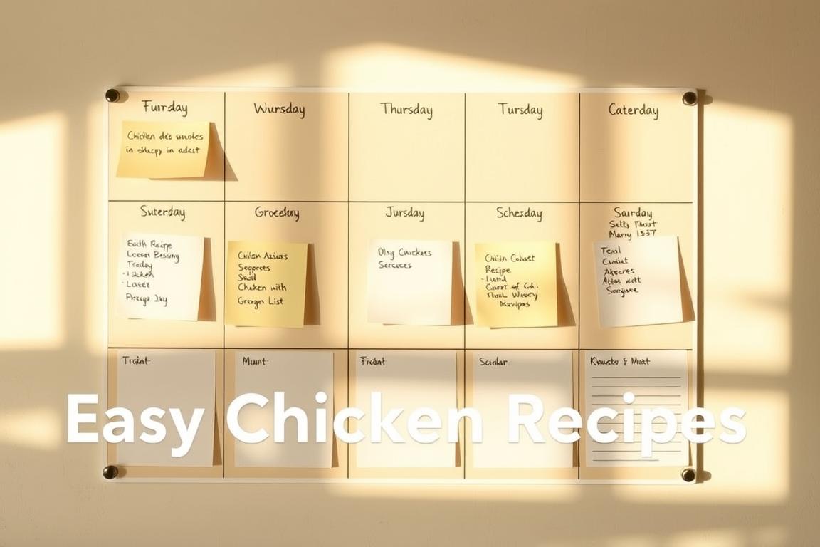 A meticulously arranged weekly meal planning board, featuring neatly organized sticky notes with chicken recipe ideas, grocery lists, and daily schedule. The board is set against a soft, natural-toned backdrop, bathed in warm, golden lighting that accentuates the sense of order and efficiency. The overall composition conveys a feeling of calm productivity, with a modern, minimalist aesthetic that aligns with the &quot;Easy Chicken Recipes: Quick and Delicious Meals&quot; theme.