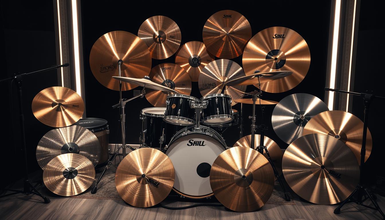 Drummer playing cymbals in a studio setting showing different cymbal types for rock, jazz and metal genres