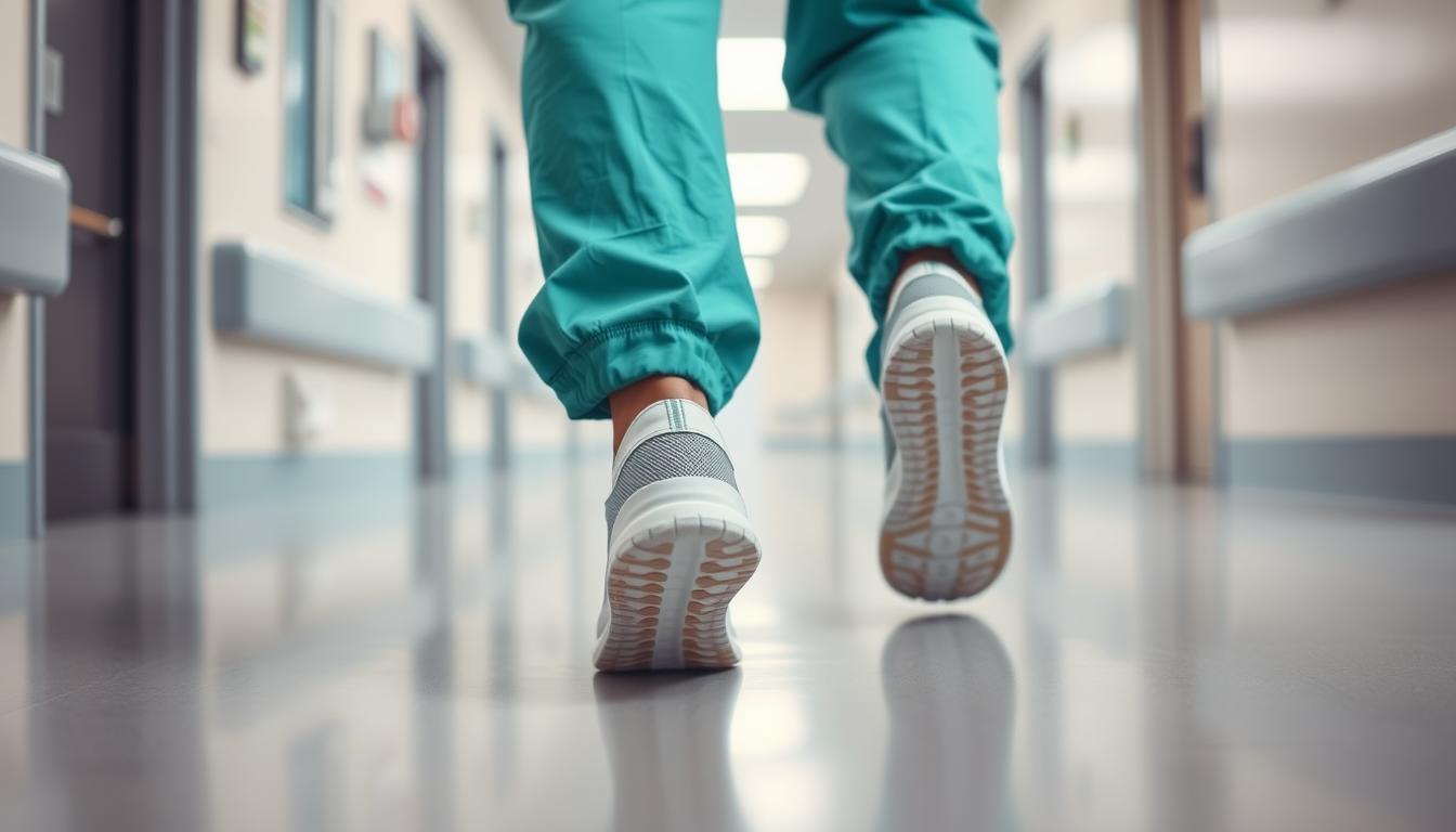 Nurse walking down hospital corridor wearing specialized nursing sneakers