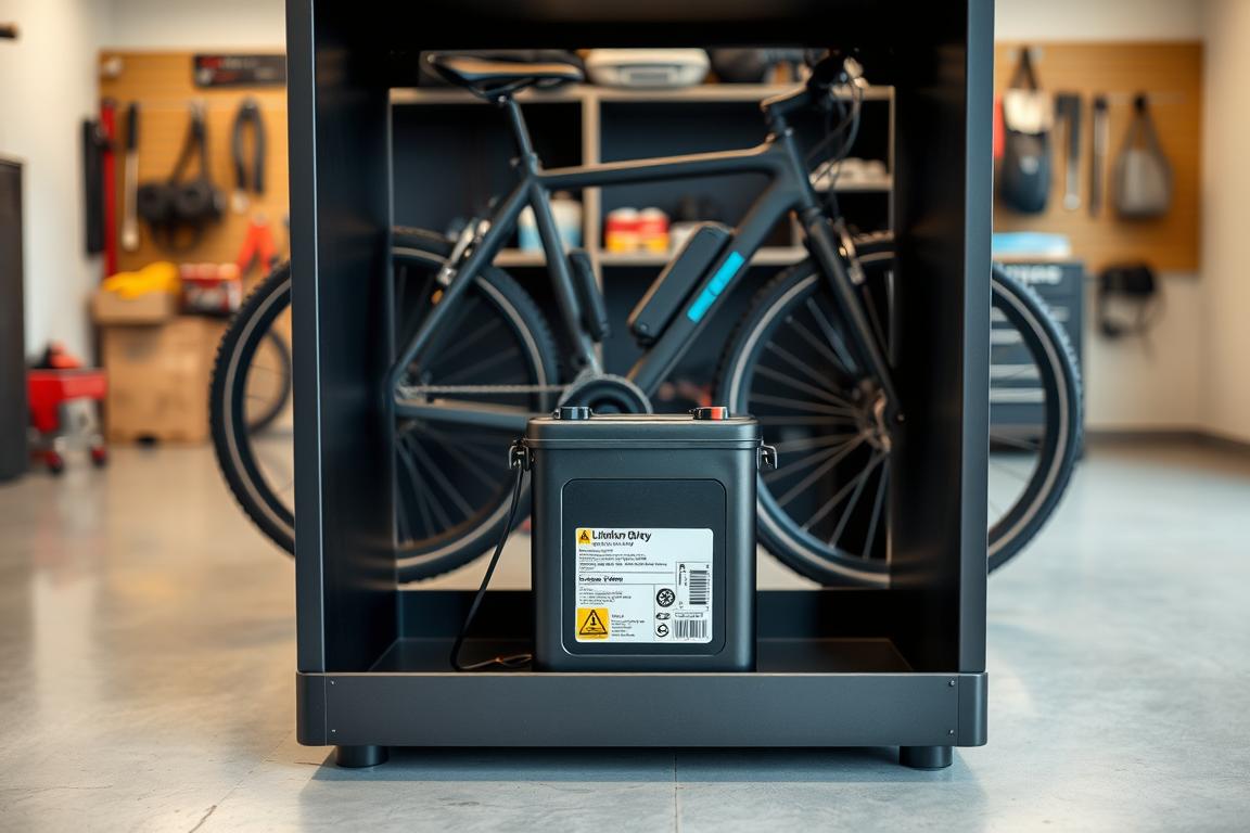 A well-lit, detailed image of an e-bike battery storage solution. In the foreground, an open storage compartment reveals a compact, high-capacity lithium-ion battery pack with clear safety labels. Behind it, a modern e-bike stands ready for use, its clean lines and sleek design complementing the storage unit. The middle ground features shelving or a storage cabinet designed specifically for e-bike battery storage, with ample space and ventilation to safely house multiple battery packs. The background depicts a clean, organized workshop or garage environment, with neatly arranged tools and equipment suggesting a dedicated e-bike maintenance and charging area. The overall scene conveys a sense of organization, safety, and attention to proper e-bike battery care and storage.