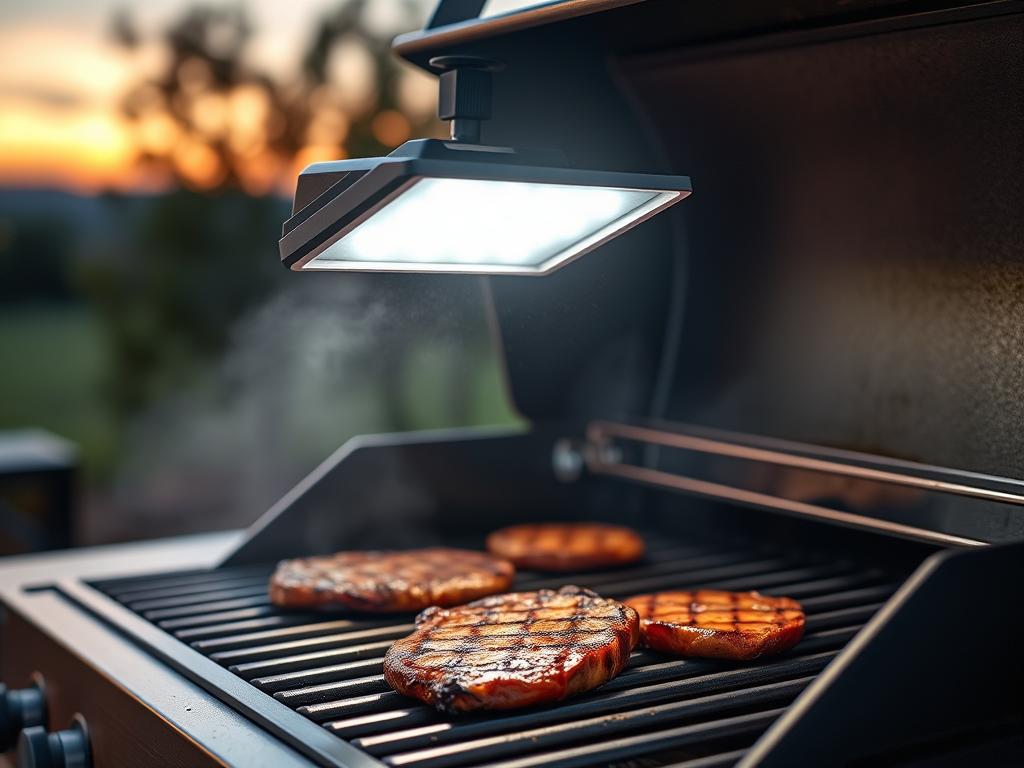 LightMaster 360° Grill Light illuminating a grill at night, featured in Top Grilling Accessories in 2026
