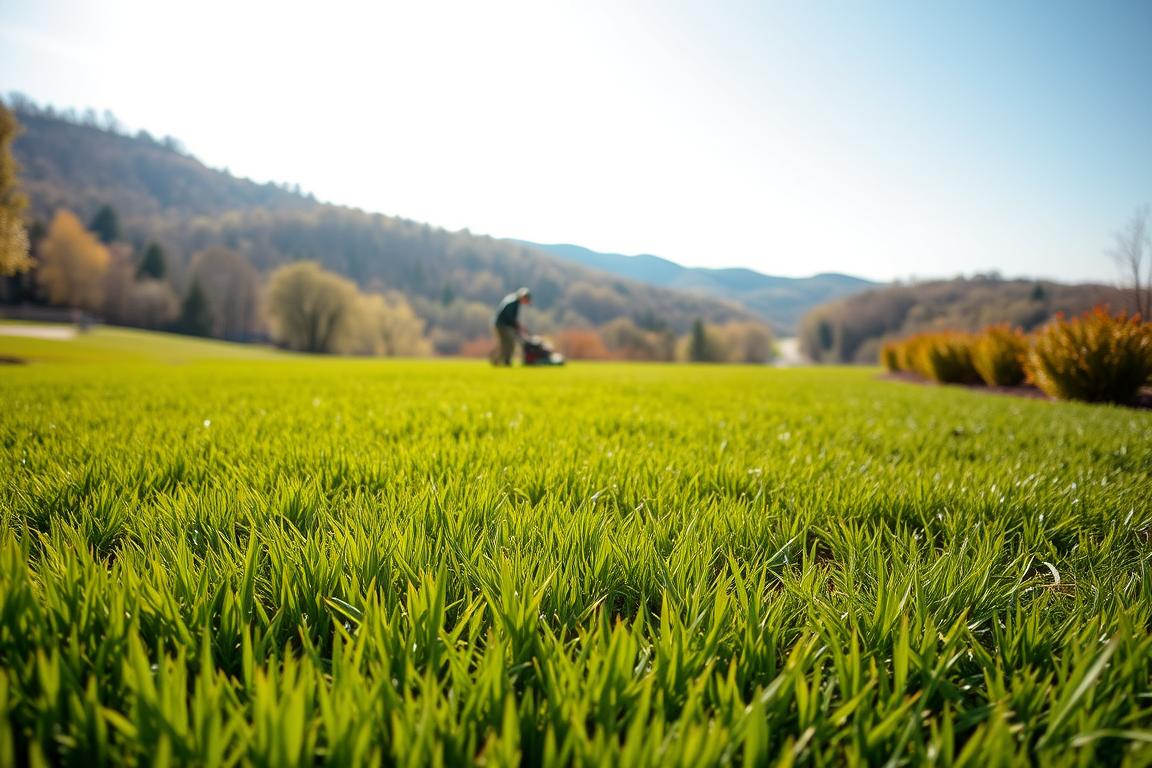 A lush, verdant Kentucky bluegrass lawn sprawls across the foreground, its blades gently swaying in a soft breeze. In the middle ground, a homeowner carefully trims the edges with a precision lawn mower, ensuring a pristine, manicured appearance. The background showcases a picturesque Appalachian landscape, with rolling hills and a clear blue sky overhead, bathed in warm, golden sunlight. The scene conveys a sense of tranquility and pride in maintaining a healthy, vibrant lawn - the centerpiece of a well-tended outdoor living space.