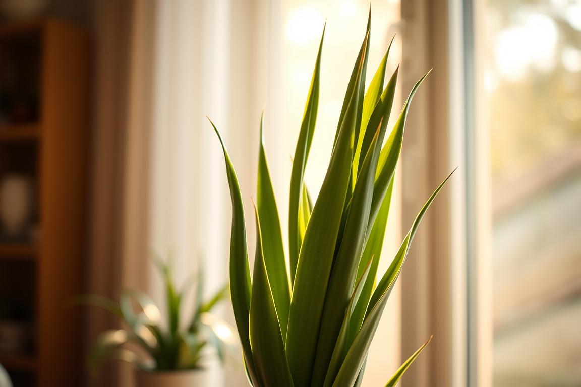 A low-light tolerant Snake Plant standing tall, its long, pointed leaves elegantly cascading from a thick, succulent stem. The plant is positioned in the foreground, bathed in warm, soft lighting that filters in through an eastern-facing window, casting gentle shadows and highlights that accentuate the plant's unique structure. The background is blurred, with hints of a minimalist, nature-inspired interior design, creating a serene, calming atmosphere that complements the low-maintenance appeal of the Snake Plant.