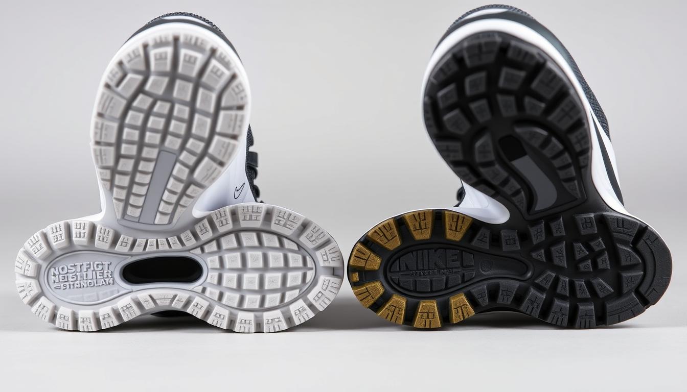 Comparison of Nike road running and trail running shoe outsoles showing different traction patterns and protective features - Nike Running Shoes for Men Buyers Guide