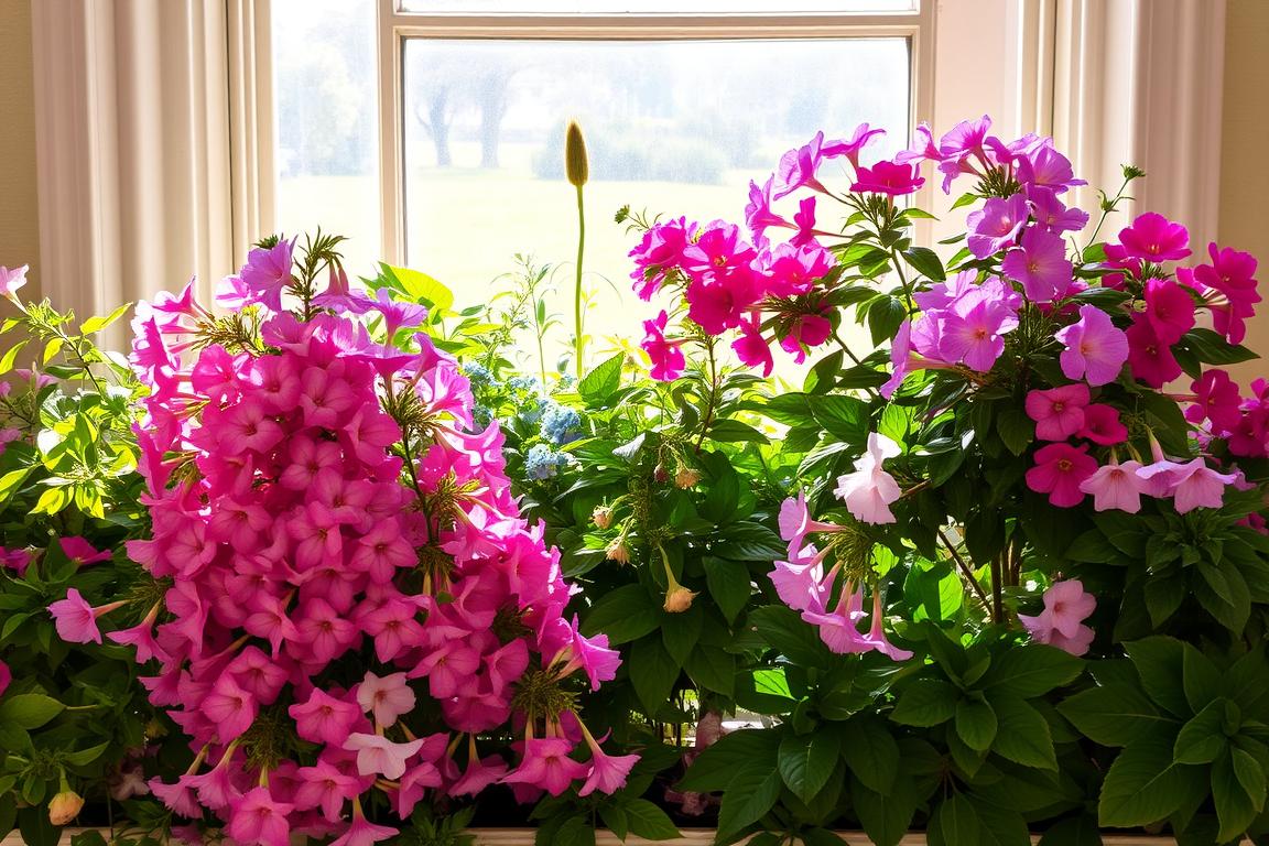 A vibrant array of flowering plants thriving in an eastern-facing window, bathed in warm, natural light. In the foreground, lush, blooming flowers in shades of pink, purple, and white cascade gracefully, their petals gently swaying. The middle ground features a mix of leafy, verdant foliage plants, their shapes and textures complementing the flowers. In the background, the window frame and a glimpse of the outdoor scenery create a serene, inviting atmosphere. The overall composition conveys a sense of tranquility and natural beauty, perfectly suited for an eastern-facing window.