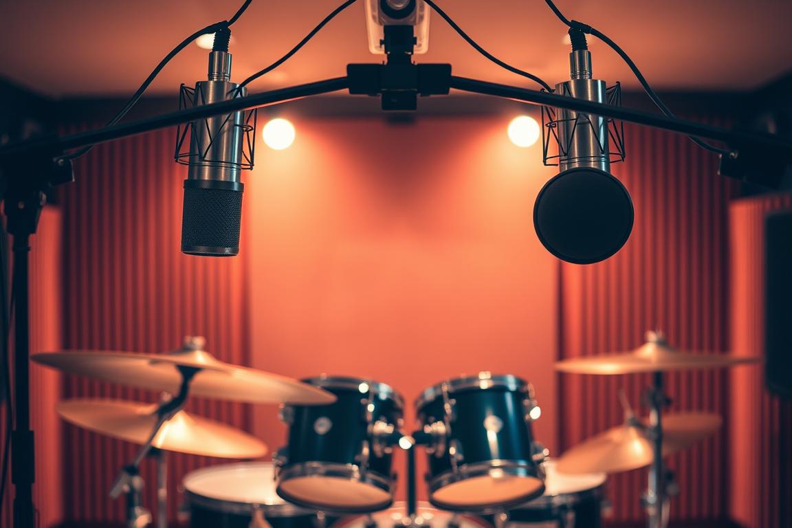 A professional recording studio setup with a pair of overhead condenser microphones suspended above a drum kit, capturing the full resonance and ambiance of the performance. The mics are positioned at a 90-degree angle, angled down toward the cymbals and toms, their sleek chrome bodies and windscreens reflecting the warm, soft lighting from behind. The drum kit is framed in the center, its shells and hardware gleaming in the spotlight, surrounded by a tastefully blurred background that suggests a cozy, acoustically treated recording space. The overall mood is one of focused, meticulous attention to detail, capturing the essence of the &quot;Build the Sound From Overheads and Room Mics&quot; section of the article.