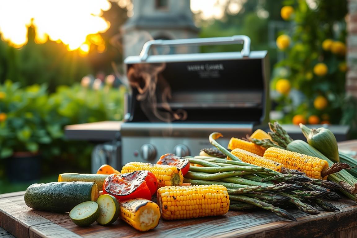 A picturesque outdoor grilling scene in the soft light of a summer evening. In the foreground, an array of freshly grilled seasonal vegetables, their charred edges and vibrant colors glistening. Zucchini, bell peppers, corn on the cob, and asparagus spears arranged artfully on a rustic wooden table. In the middle ground, a modern, high-quality grill with its lid open, emitting delicate wisps of fragrant smoke. The background features a lush, verdant garden, with the warm glow of the setting sun casting a golden hue over the entire scene. The overall mood is one of relaxation, al fresco dining, and the celebration of nature's bounty.