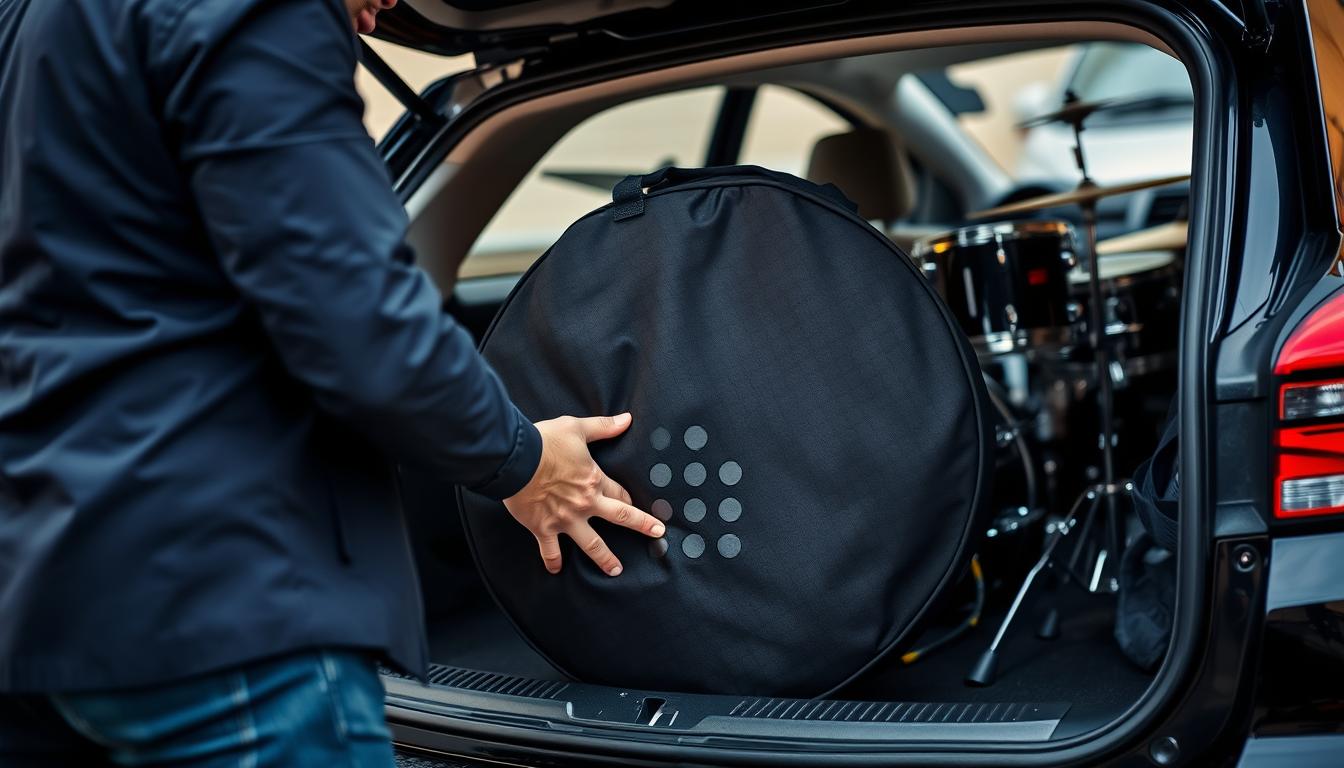 Drummer loading cymbal bag into vehicle before a gig