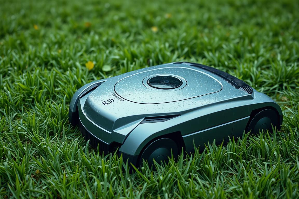 A robotic lawn mower navigating through a lush, rain-soaked lawn, its sleek, silver-gray body glistening in the soft, overcast light. The mower's spinning blades effortlessly slice through the damp, verdant grass, leaving behind a neatly trimmed path. Raindrops patter gently on the mower's sensors and protective housing, as it confidently maneuvers around obstacles and along the contours of the terrain. The scene conveys a sense of resilience and technological prowess, hinting at the mower's ability to operate efficiently even in inclement weather conditions.