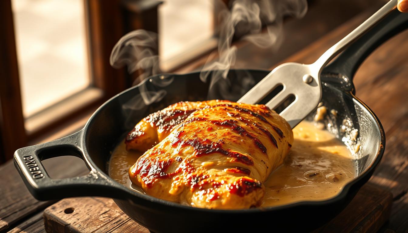 9 Proven Techniques for a Sumptuous Creamy Chicken and Rice Recipe 2 A sizzling cast-iron skillet sits atop a rustic wooden table, filled with a golden-brown chicken breast, its edges caramelized to perfection. Steam rises, capturing the aroma of seared poultry. The scene is bathed in warm, directional lighting that casts dramatic shadows, highlighting the intricate texture of the meat. The background is blurred, keeping the focus on the foreground action, where the chicken is being carefully tended to with a metal spatula, ready to be incorporated into a creamy, indulgent dish.