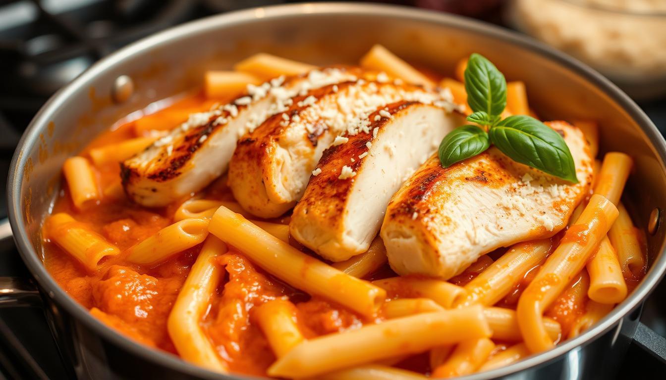 9 Proven Techniques for a Spectacular Marry Me Chicken Pasta Recipe 3 A rich, luscious Marry Me Chicken Pasta sauce simmers on a stove, filling the kitchen with the aroma of garlic, parmesan, and a touch of cream. Thick, velvety, and glistening, the sauce clings to each individual penne noodle, creating a harmonious blend of flavors. Sliced chicken breasts, seared to perfection, rest atop the pasta, complementing the vibrant, creamy sauce. Sprigs of fresh basil and grated parmesan cheese add a final garnish, elevating the dish's visual appeal. Soft, warm lighting casts a comforting glow, setting the stage for a truly appetizing and inviting culinary masterpiece.