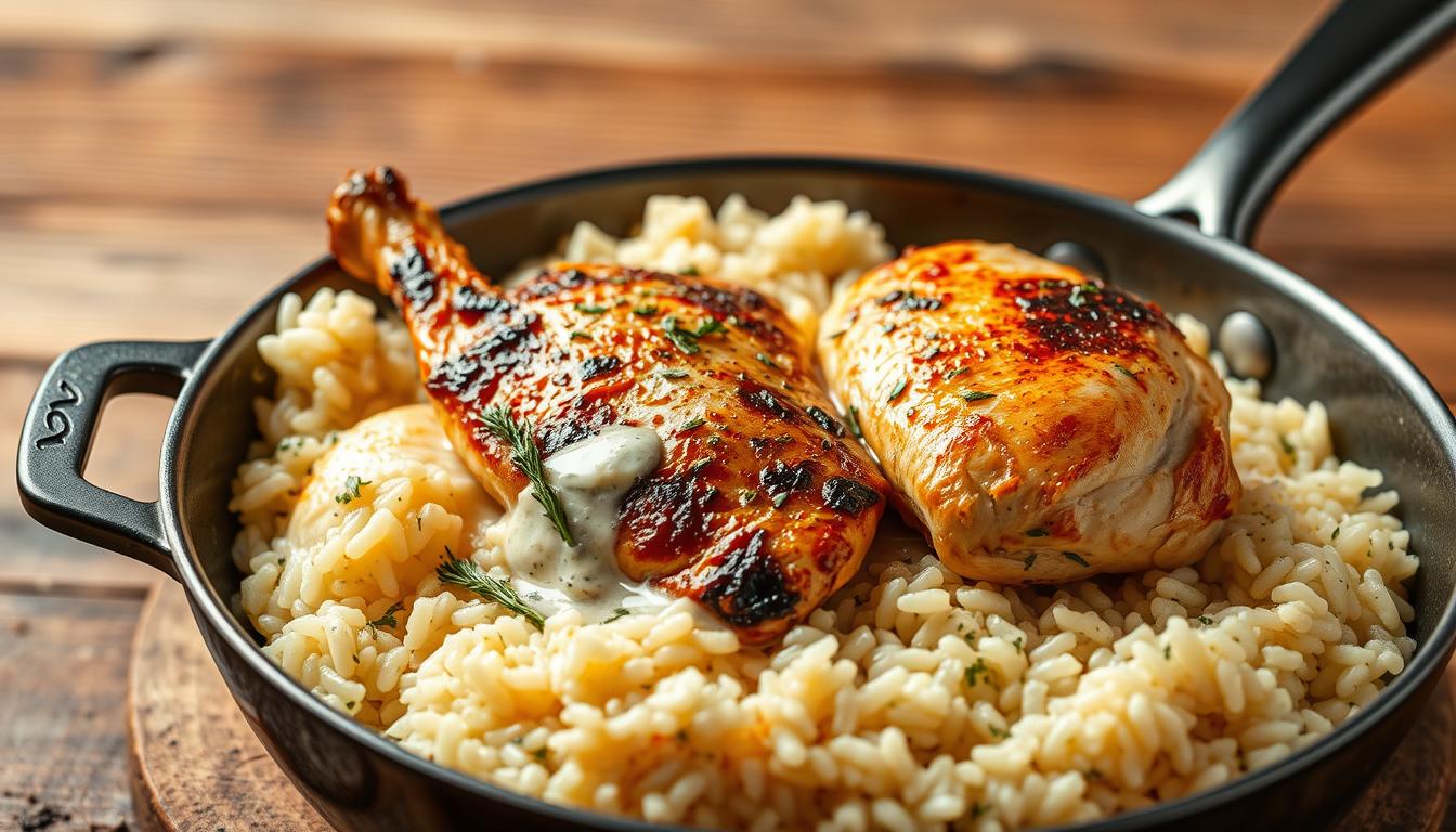 9 Proven Techniques for a Sumptuous Creamy Chicken and Rice Recipe 3 A creamy chicken and rice skillet, shot in a warm, natural lighting against a rustic wooden backdrop. The chicken, seared to a golden brown, is nestled in a bed of fluffy, aromatic rice, coated in a velvety, herb-infused cream sauce. The composition highlights the texture contrast between the crisp skin and the tender, juicy meat, while the rice absorbs the rich flavors. The scene evokes a sense of comforting homemade cuisine, with a subtle hint of earthy tones that complement the rustic setting. The overall mood is inviting and appetizing, drawing the viewer in to savor the sumptuous dish.