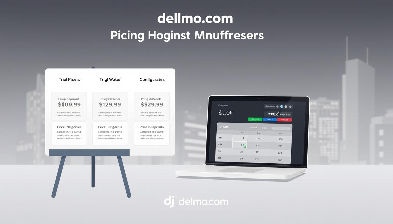 A modern, minimalist illustration showcasing pricing strategies for digital products. In the foreground, a sleek, monochromatic display board presents various pricing options, with clean typography and geometric shapes. The middle ground features a laptop or tablet, its screen displaying a pricing calculator or configurator tool, allowing users to explore different pricing scenarios. In the background, a soft, blurred cityscape or abstract pattern provides a sophisticated, professional backdrop, complementing the djelmo.com branding. The overall composition conveys a sense of analytical precision, elegant simplicity, and strategic decision-making.