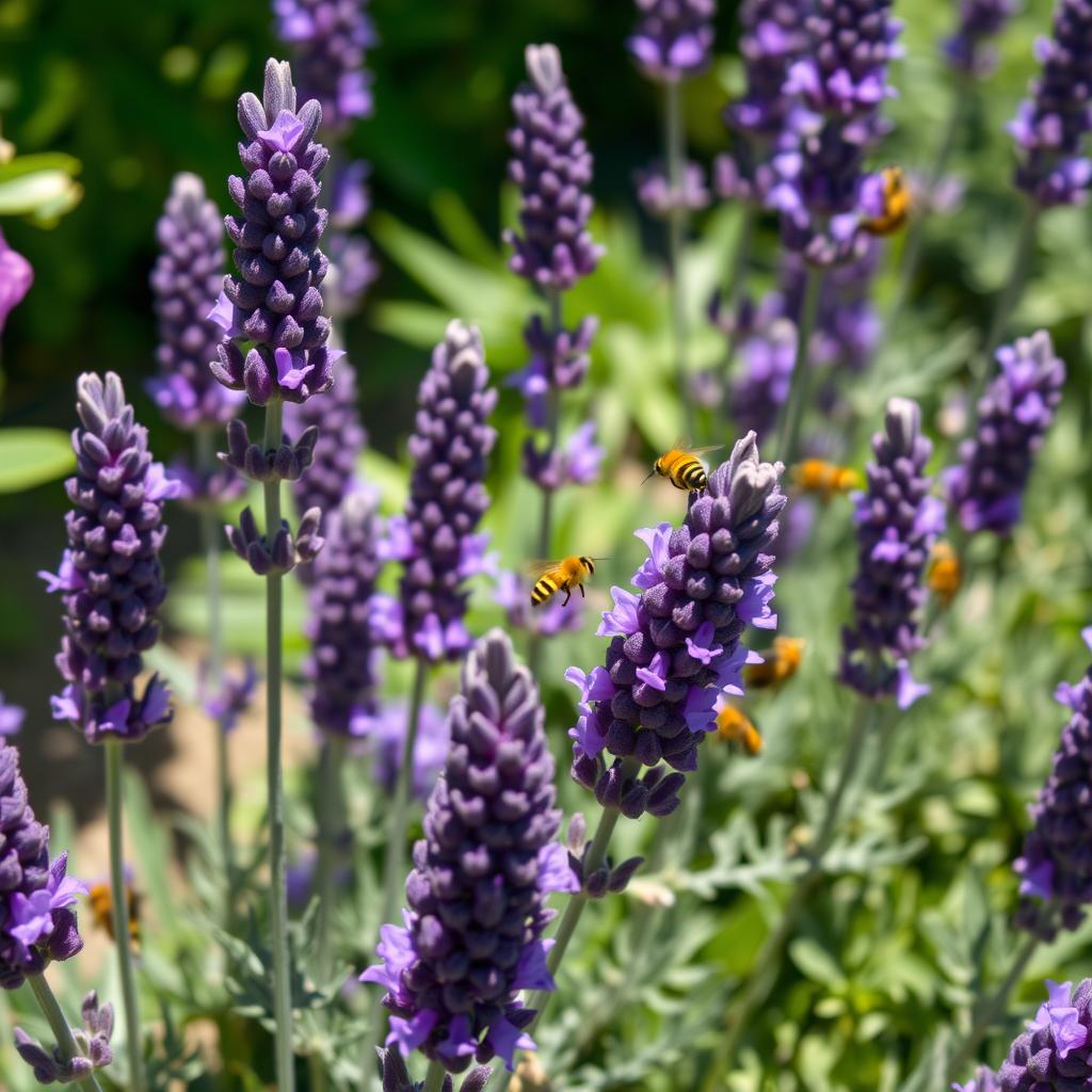 Lavendel mit violetten Blüten und Bienen