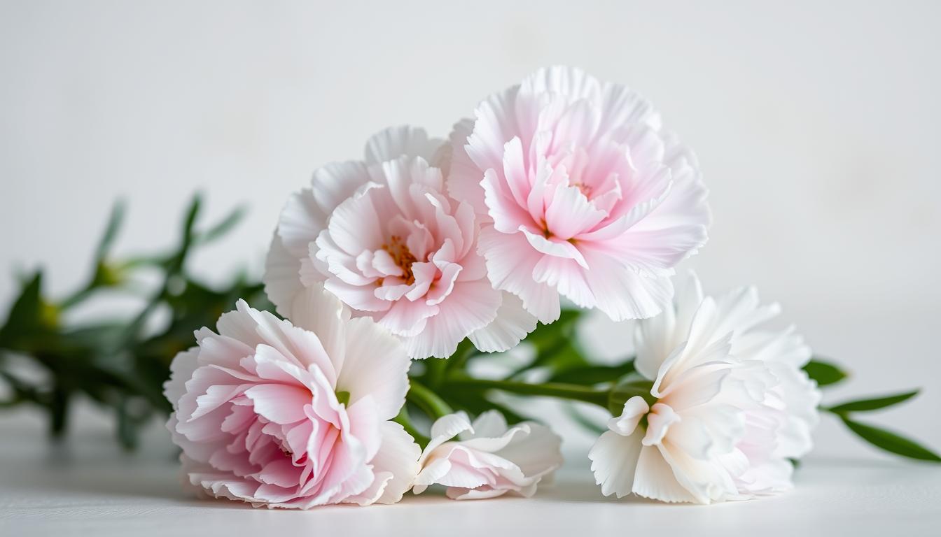 A delicate arrangement of pristine white carnations (Dianthus) against a serene, soft-focus background. The flowers are captured in natural, diffused lighting, their velvety petals gently unfurled, exuding a sense of purity and grace. The composition emphasizes the symbolic significance of the white carnation, representing innocence, love, and remembrance. The overall mood is one of tranquility and contemplation, inviting the viewer to reflect on the deeper meaning and cultural heritage associated with this beloved flower.