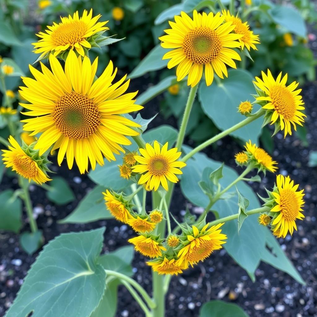 Mehrblütige Sonnenblumen mit vielen kleineren Blüten
